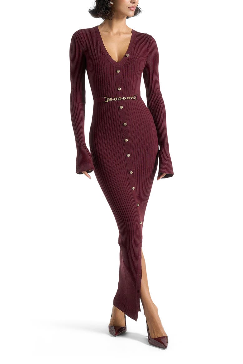 Assia Long Sleeve Knitted Midaxi Dress With Belt, Alternate, color, Wine Red