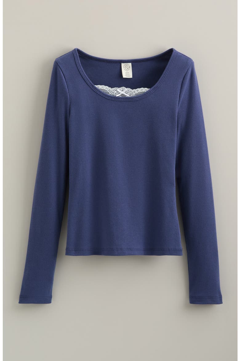 Kids' Peekaboo Lace Cotton Blend Rib Top, Main, color, BLUE INDIGO