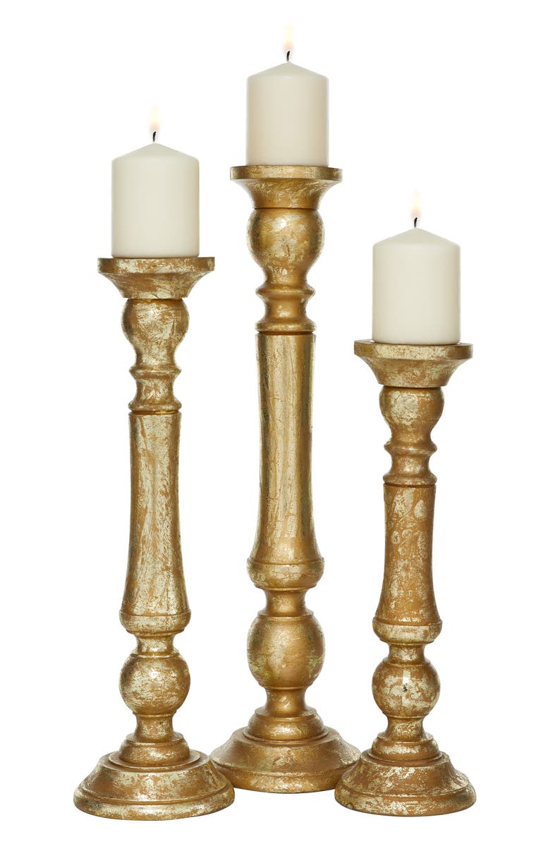 UMA Goldtone Mango Wood Traditional Candle Holder - Set of 3, Alternate, color,