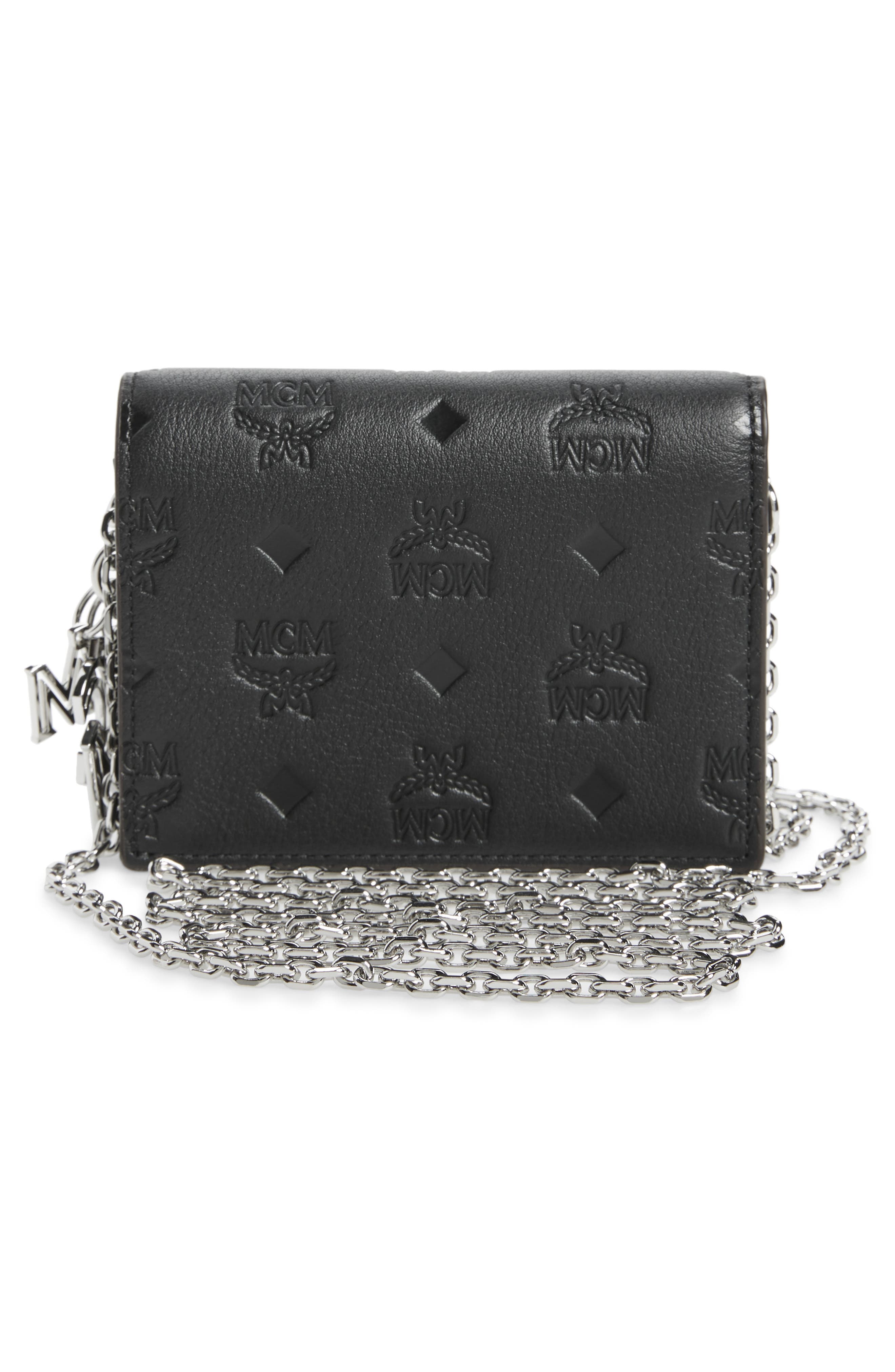 Klara Monogram Leather Wallet on a Chain, Alternate, color, BLACK