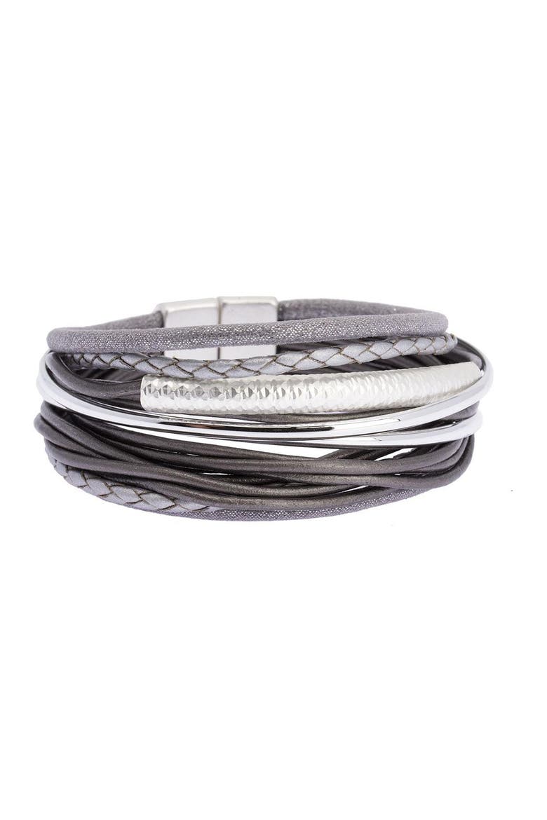 Hammered Tube Leather & Faux Suede Multi-Strand Bracelet, Main, color, GREY