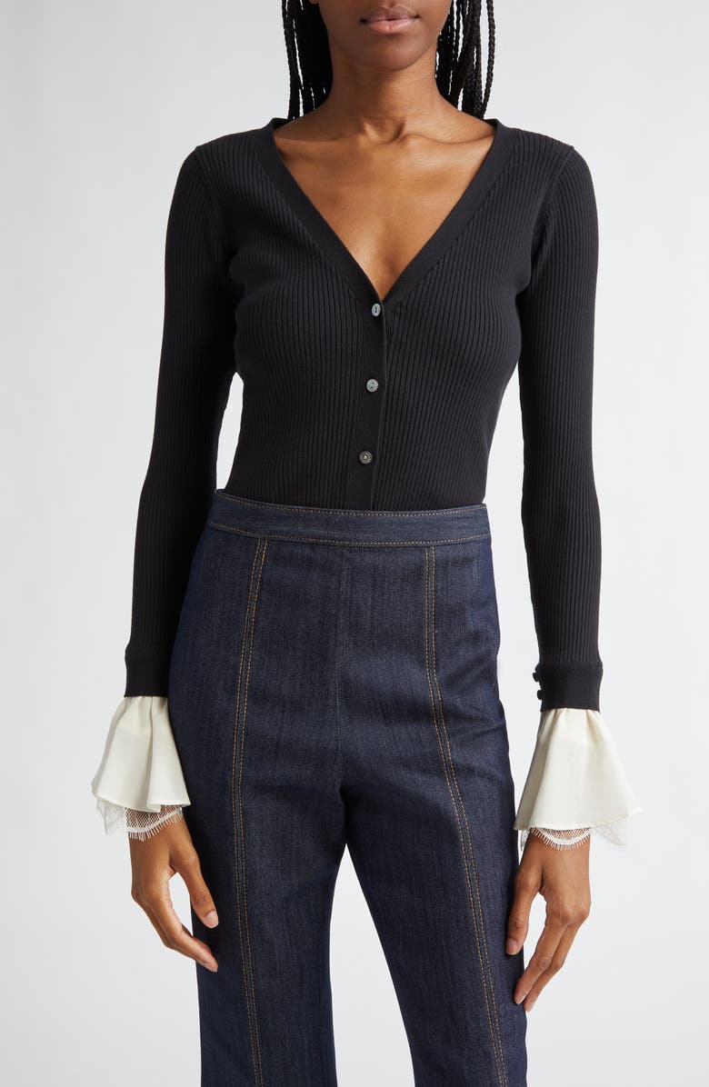 Cinq à Sept Bernadette Mixed Media Long Sleeve Sweater, Main, color, Black/ Ivory