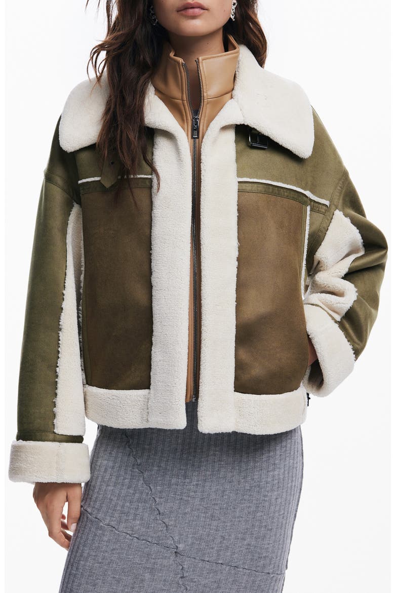 Edimurgo Faux Shearling Jacket with Faux Leather Bib, Main, color, GREEN