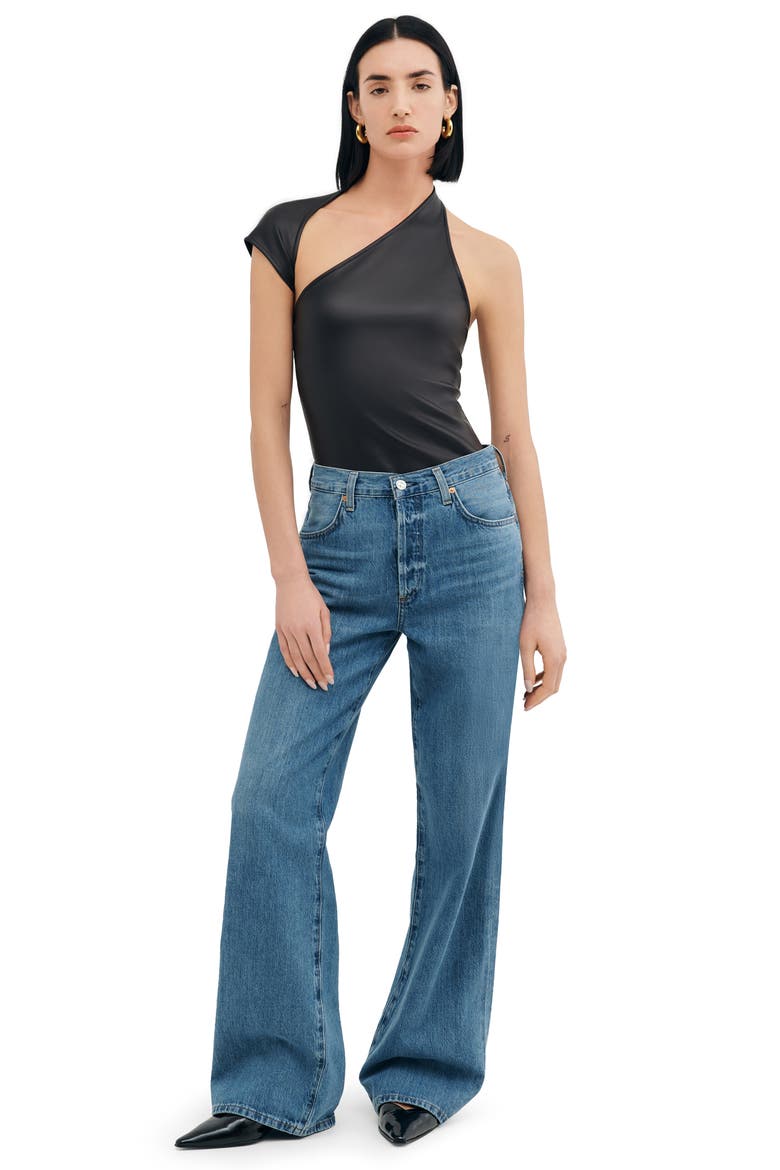 Milan One Shoulder Faux Leather Top, Alternate, color, BLACK
