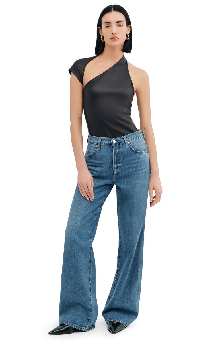 Two Lines by Marcella Milan One Shoulder Faux Leather Top, Alternate, color, Black