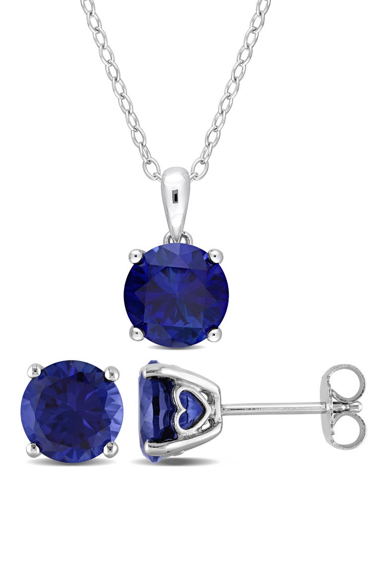 Sterling Silver Round Lab Created Sapphire Stud Earrings & Necklace Set, Main, color, BLUE