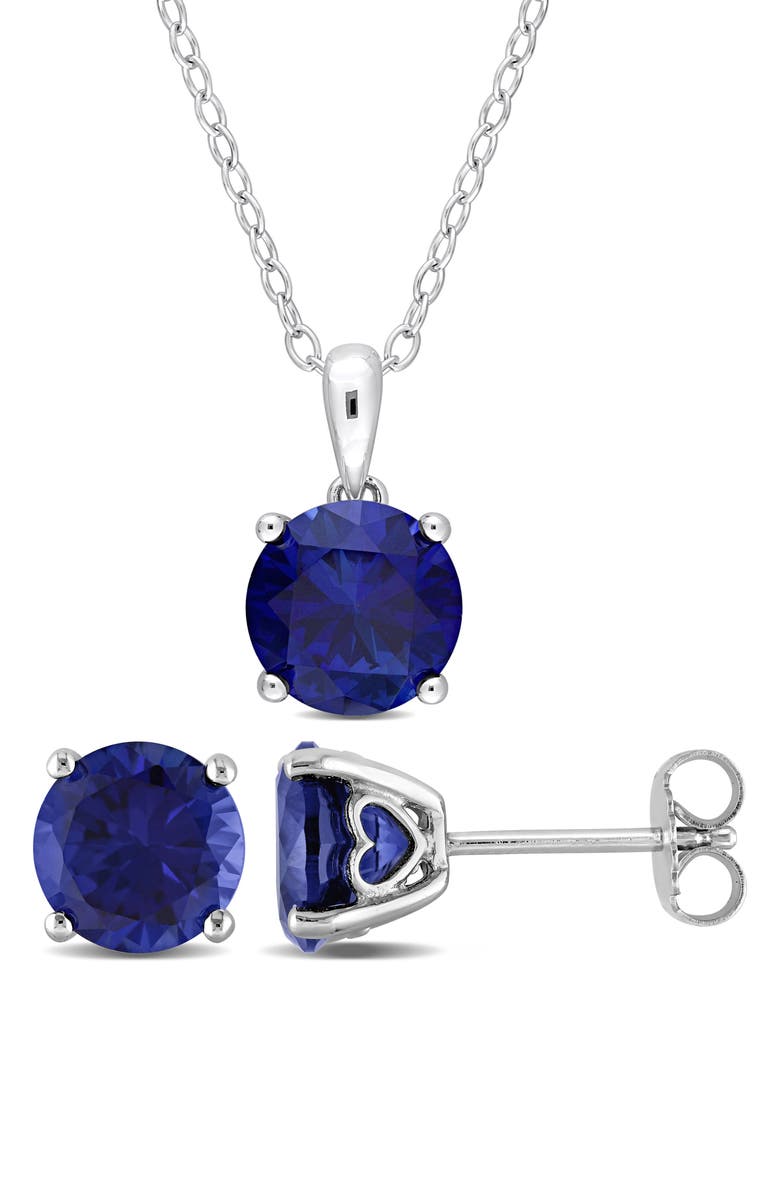 DELMAR Sterling Silver Round Lab Created Sapphire Stud Earrings & Necklace Set, Main, color, Blue