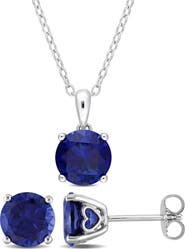 DELMAR Sterling Silver Round Lab Created Sapphire Stud Earrings & Necklace Set