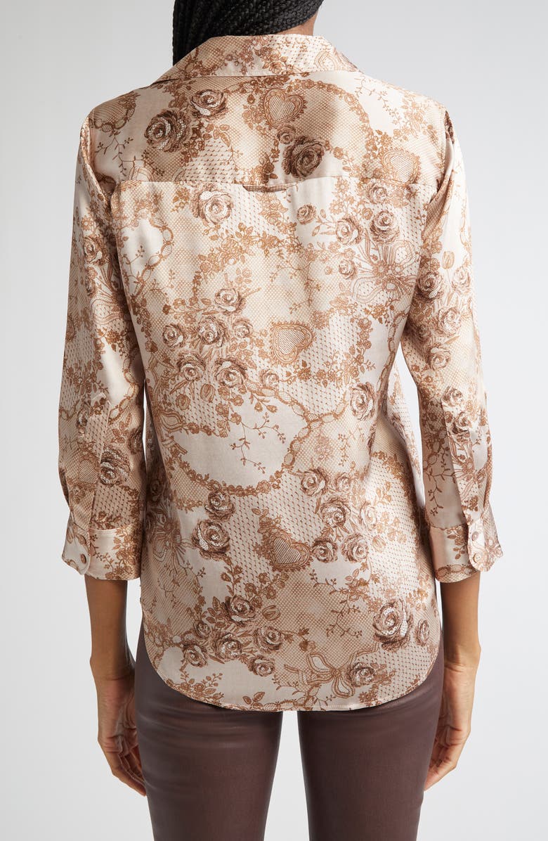 L'AGENCE Dani Lace Print Three-Quarter Sleeve Silk Button-Up Shirt, Alternate, color, Toasted Almond Lace Print