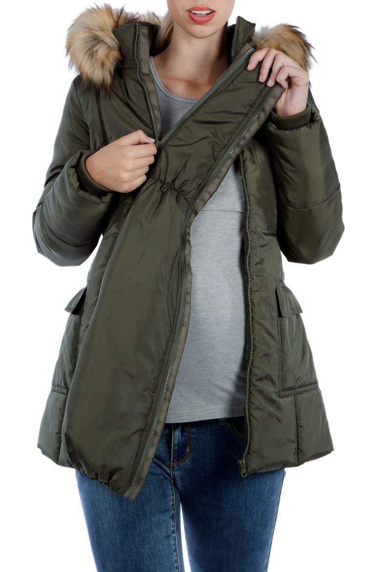 Convertible Maternity Puffer Jacket with Faux Fur Trim, Alternate, color, KHAKI GREEN
