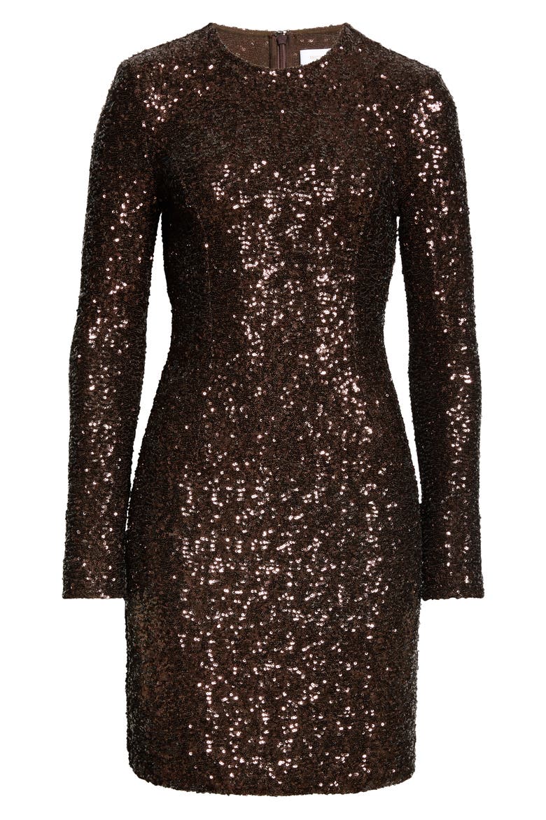 Sequin Long Sleeve Sheath Dress, Alternate, color, CHOCOLATE