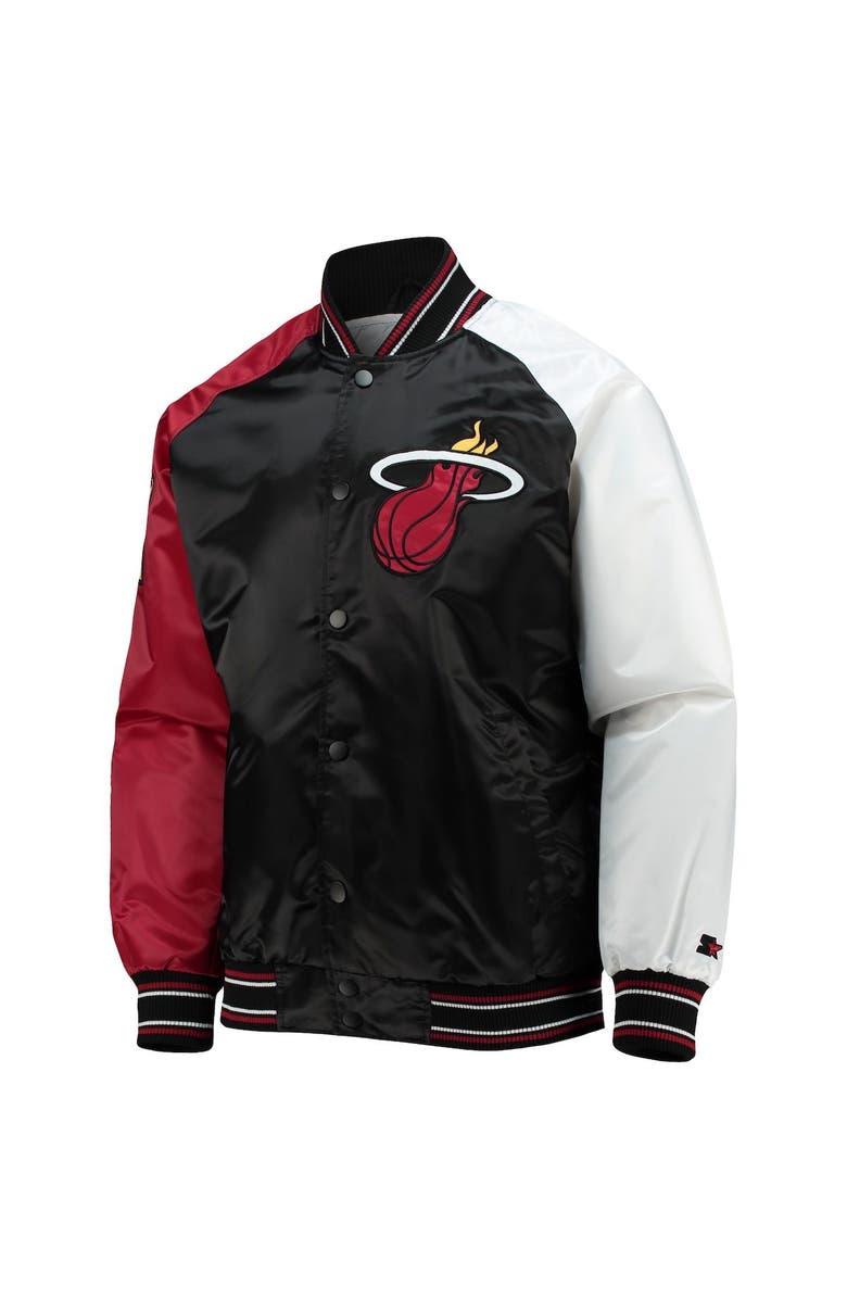 STARTER Men's Starter Black/Red Miami Heat Reliever Varsity Satin Raglan Full-Snap Jacket, Alternate, color,
