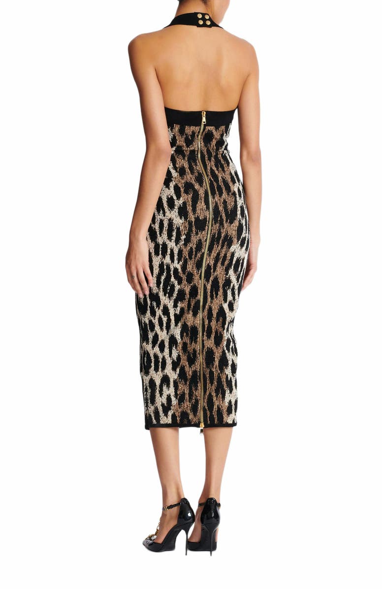Balmain Halterneck Leopard Print Jacquard Bodycon Dress, Alternate, color,