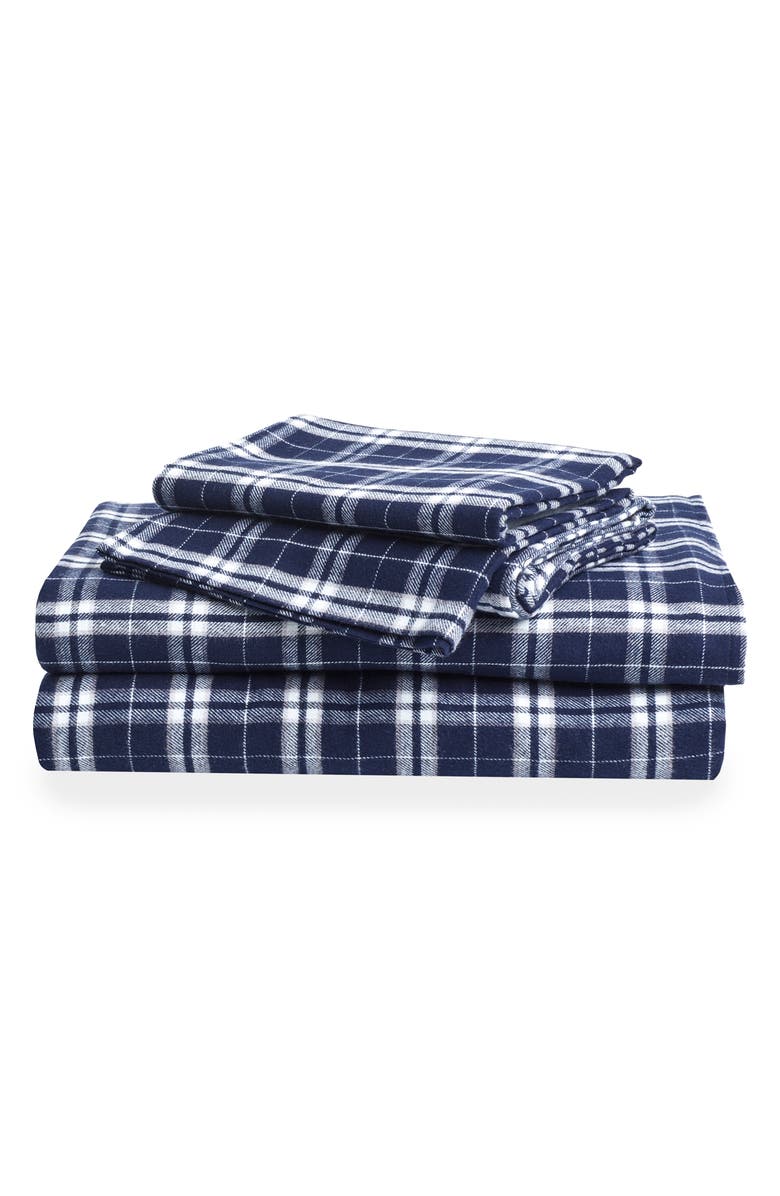 Petite Plume Oxford Tartan Cotton Flannel Sheet Set, Main, color, Navy