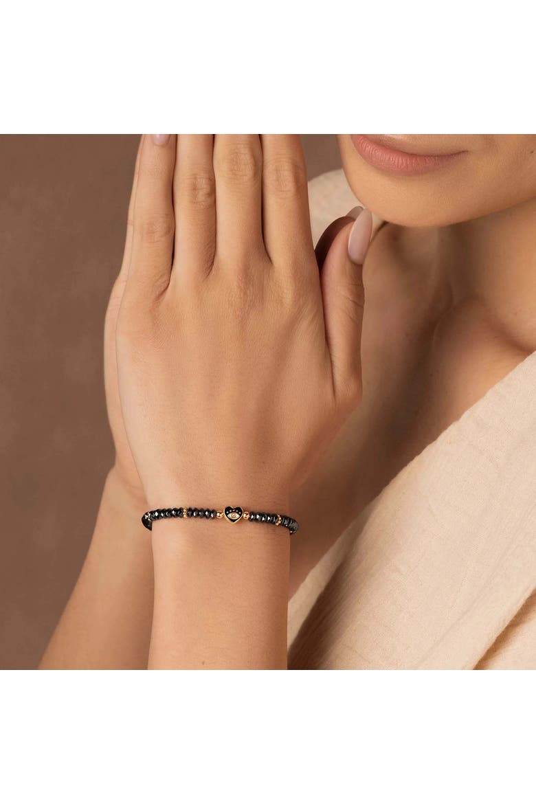 Evil Eye Heart Black Enamel Hematite Women's Beaded Bracelet Heartfelt Gaze, Alternate, color, Grey/Black/Gold