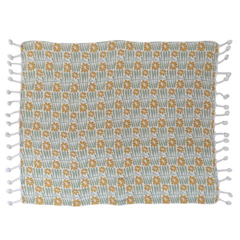 Soft Woven Reclaimed Cotton Blend Printed Throw With Flowers And Pompom Tassels, Sage And Mustard