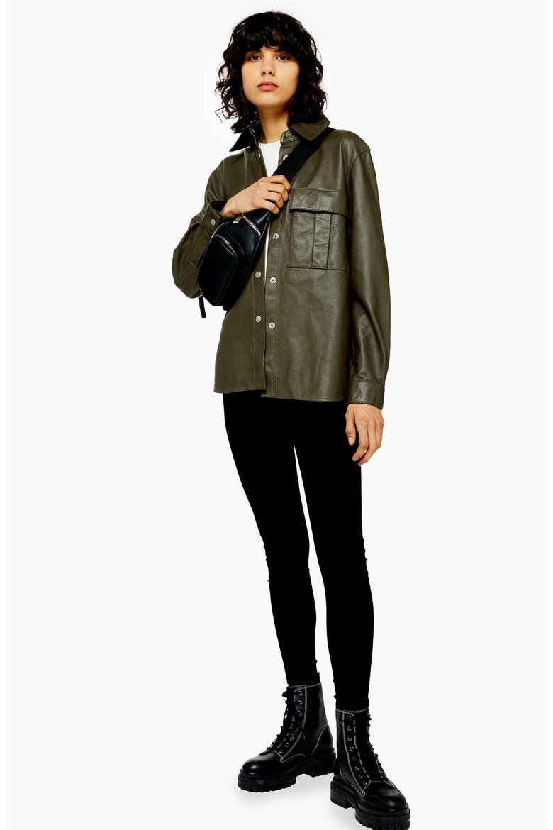 Leather Shirt Jacket, Alternate, color, OLIVE