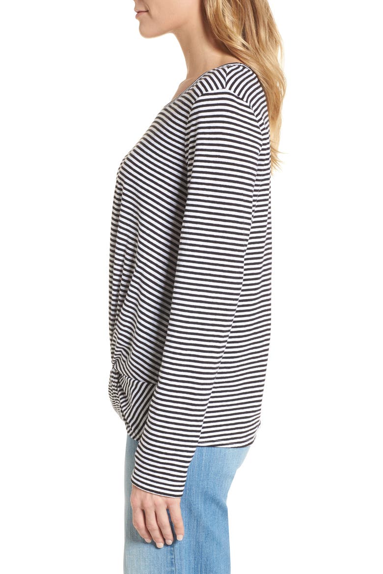 Long Sleeve Front Knot Tee, Alternate, color, BLACK- WHITE EVEN STRIPE