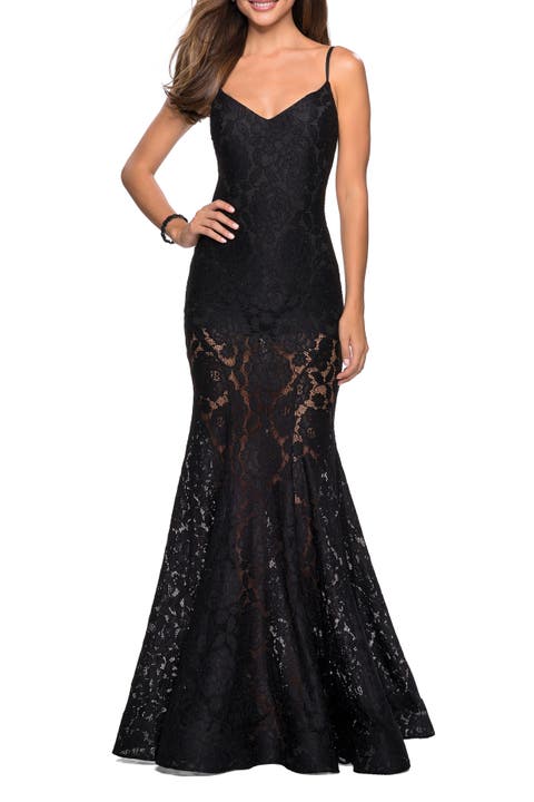 Long Form Fitting Lace Prom Dress with Attached Shorts
