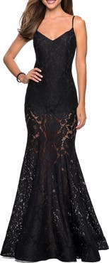 La Femme Long Form Fitting Lace Prom Dress with Attached Shorts