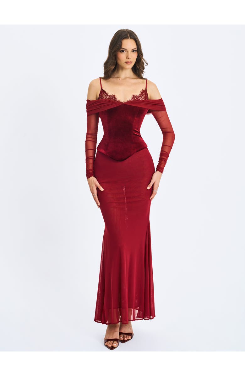 Miss Circle Maybelle Bardot Lace Strap Peplum Maxi Dress, Alternate, color, Magenta