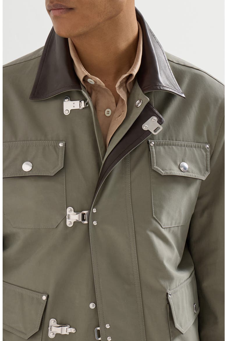 Water-resistant techno cotton gabardine outerwear jacket with leather inserts and hook fastening, Alternate, color, Military