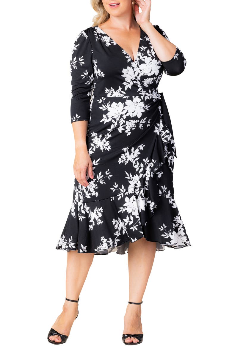 Flirty Flounce Wrap Dress, Main, color, BLACK FLORAL PRINT