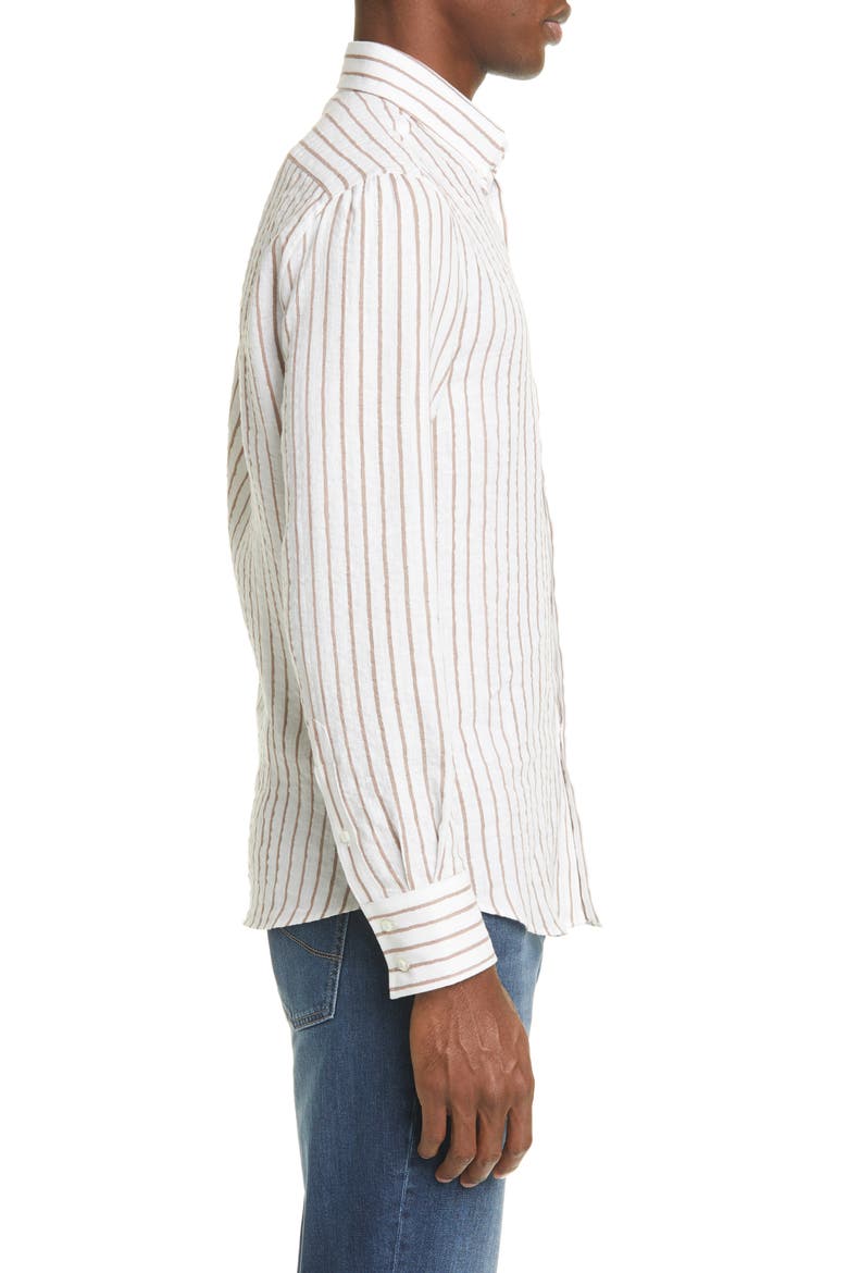 Slim Fit Stripe Linen Button-Down Shirt, Alternate, color, LIGHT BROWN