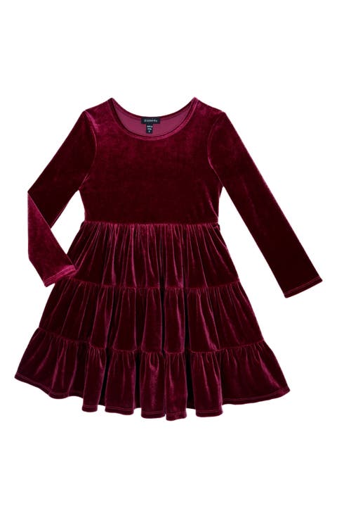 Kids' Long Sleeve Velvet Tiered Dress (Toddler & Little Kid)