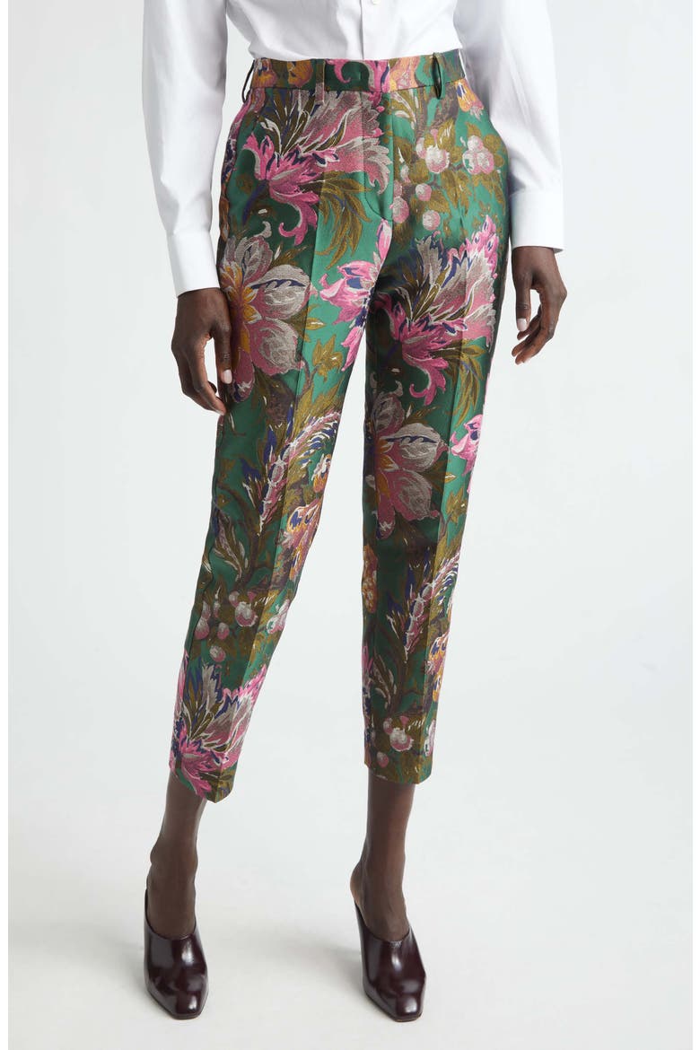 Floral Jacquard Ankle Trousers, Main, color, MULTICOLOR ON GREEN BASE
