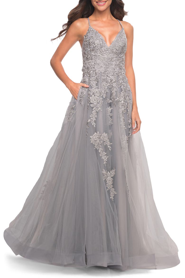 Tulle Prom Dress with Lace Detail in Silver, Main, color, SILVER