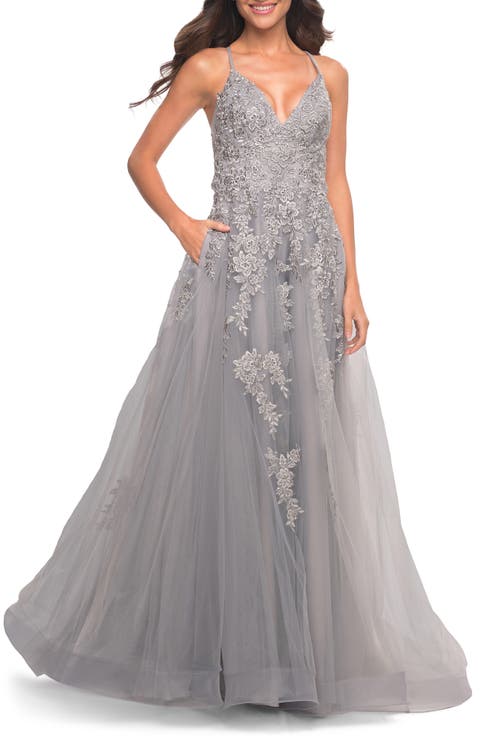 Tulle Prom Dress with Lace Detail in Silver