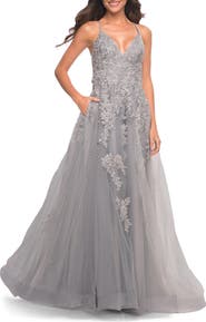 La Femme Tulle Prom Dress with Lace Detail in Silver