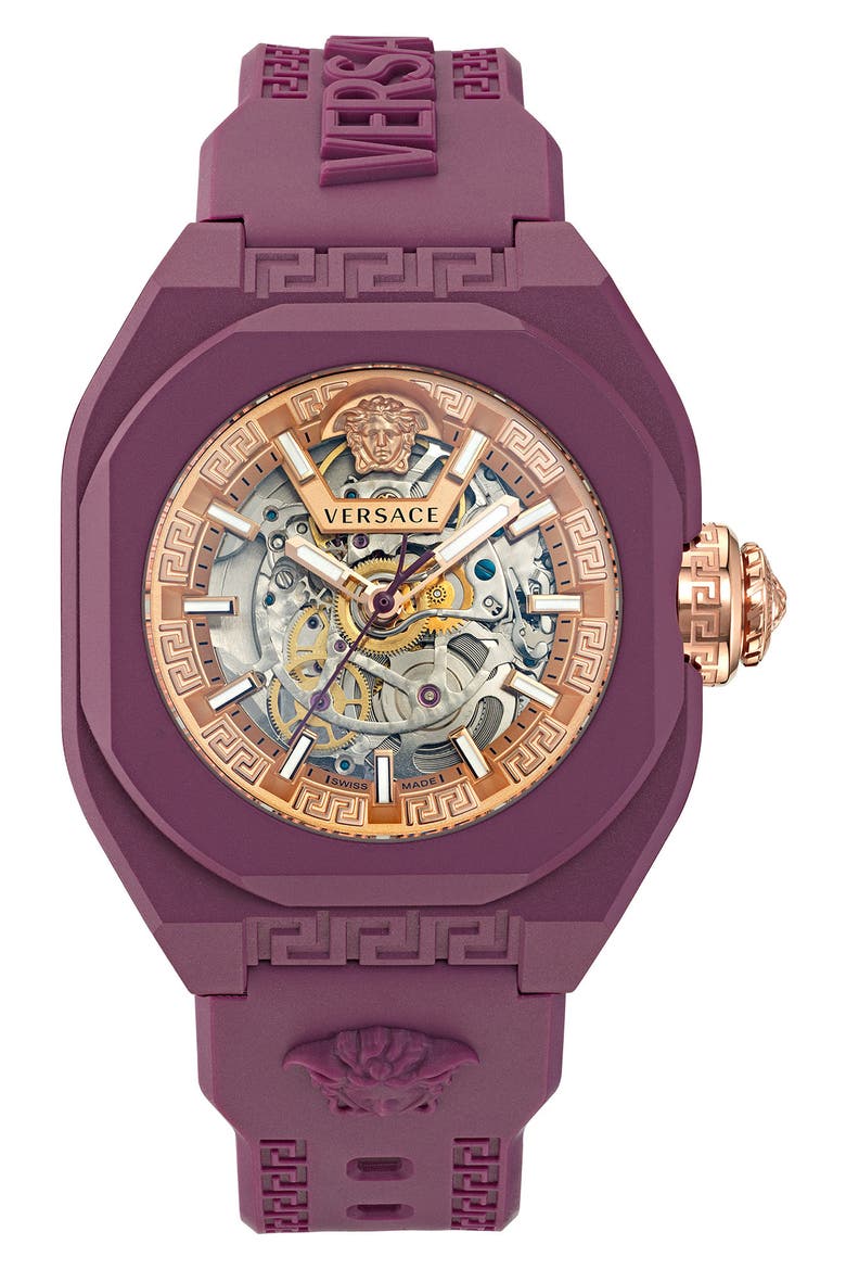 V-Legend Skeleton Recycled Polyurethane Strap Watch, 42mm, Alternate, color, BURGUNDY
