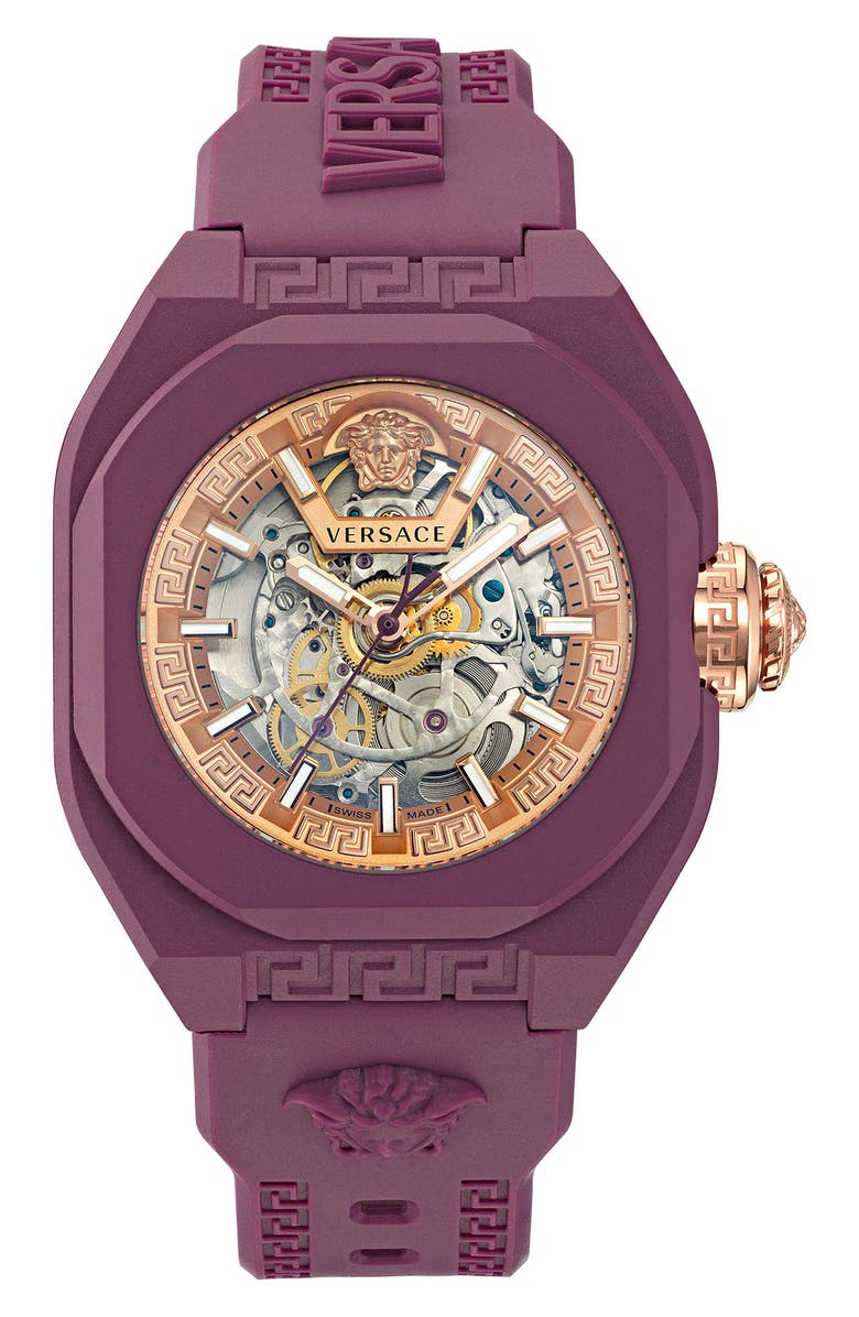Versace V-Legend Skeleton Recycled Polyurethane Strap Watch, 42mm, Main, color, Burgundy