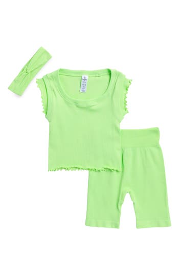 Shop 90 Degree By Reflex Kids' Ruffle Rib Top, Bike Shorts & Headband Set In Patina Green