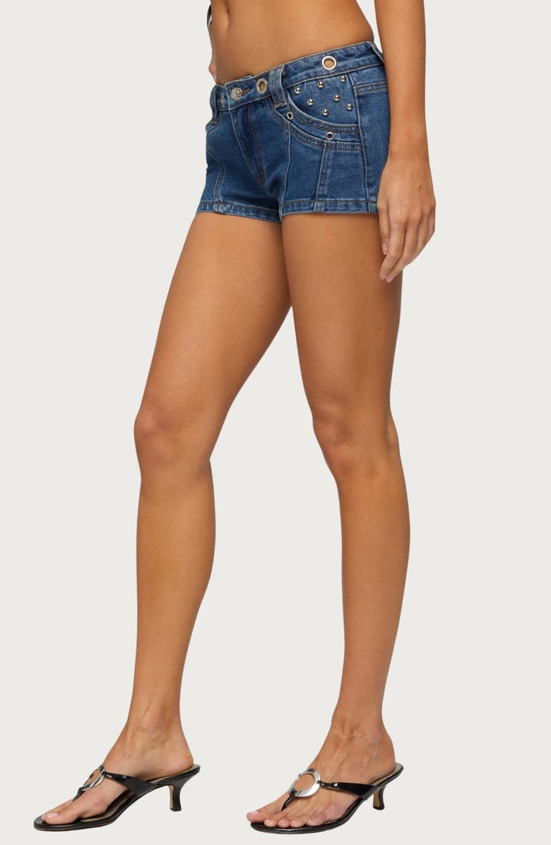 EDIKTED Danikah Stud Grommet Denim Shorts, Alternate, color, 