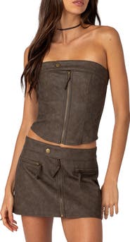 EDIKTED Ziva Faux Leather Strapless Corset Top