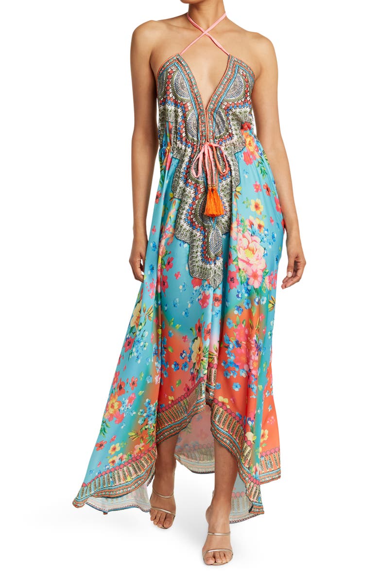 RANEES Floral Print Halter Cover-Up Dress, Main, color,
