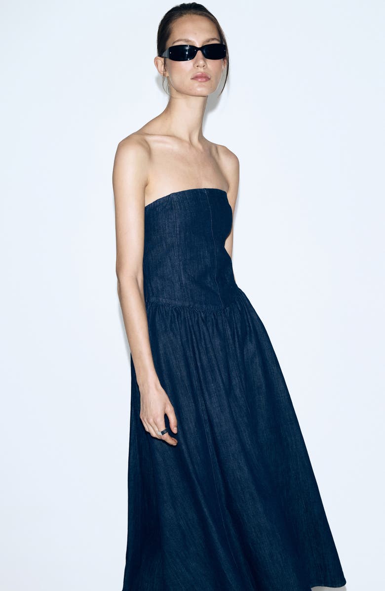 MANGO Strapless Denim Midi Dress, Alternate, color, Open Blue
