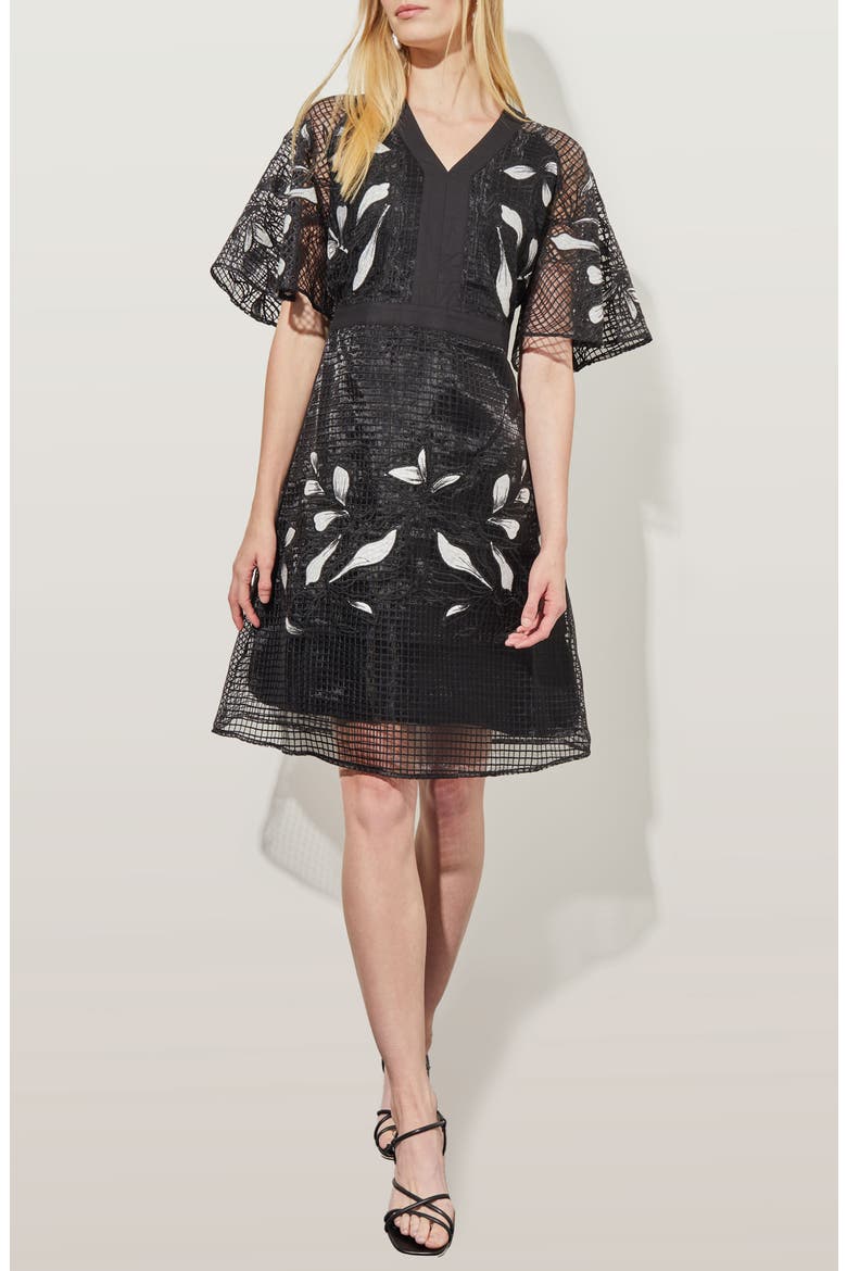 Floral Appliqué Open Lace A-Line Dress, Main, color, BLACK/WHITE