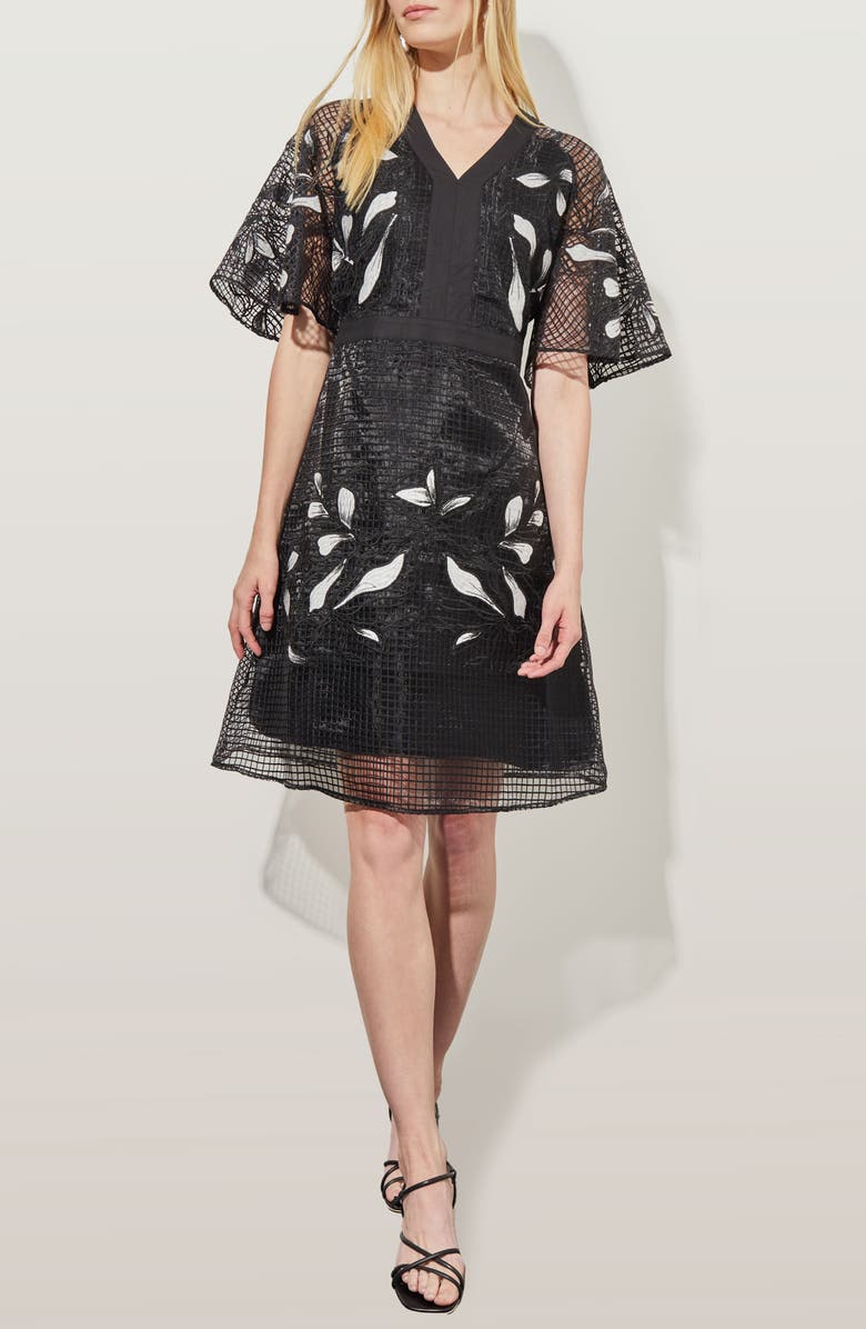 Ming Wang Floral Appliqué Open Lace A-Line Dress, Main, color, Black/White