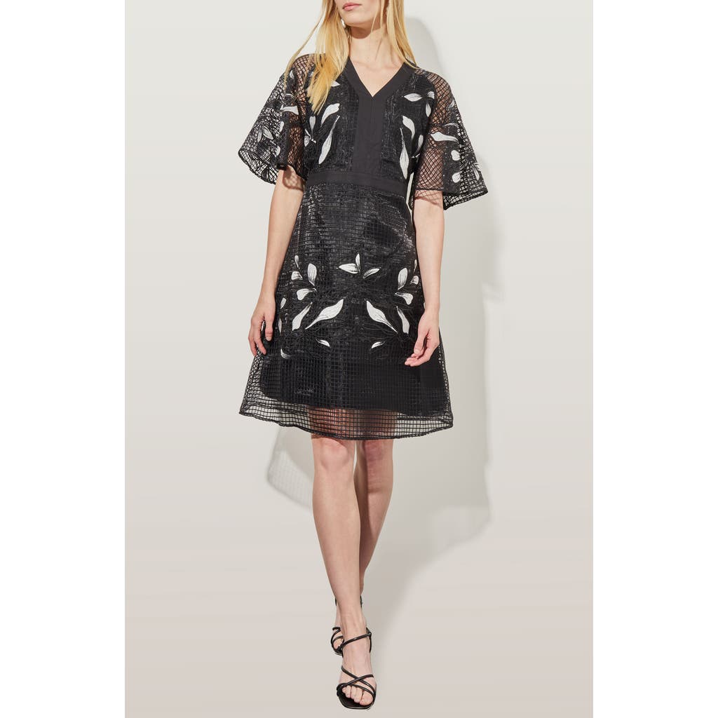 Ming Wang Floral Appliqué Open Lace A-line Dress In Black/white