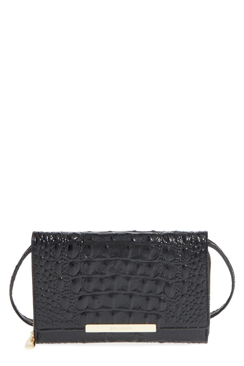 'Michelle' Croc Embossed Leather Crossbody Wallet, Main, color, BLACK