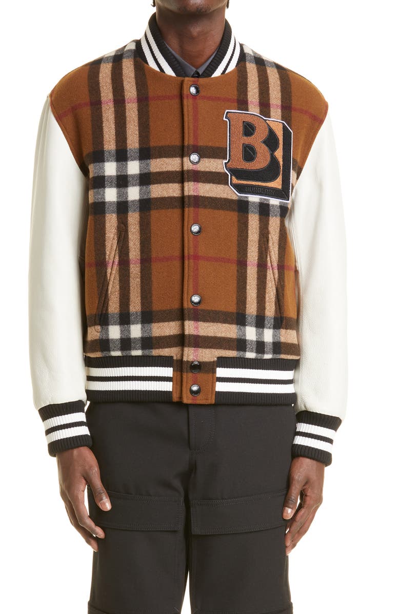 Burberry Felton B Logo Check Wool Blend Varsity Jacket, Main, color,