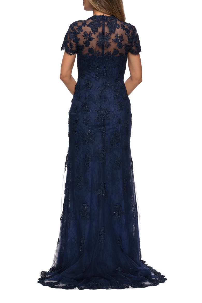 Long Lace Evening Dress with Scallop Detailing and Rhinestones, Alternate, color, Navy