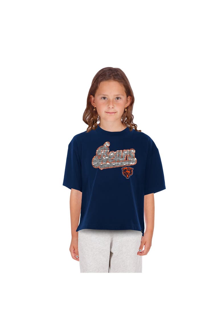 Girls Youth New Era  Navy Chicago Bears Flip Sequin Boxy T-Shirt, Alternate, color, Navy