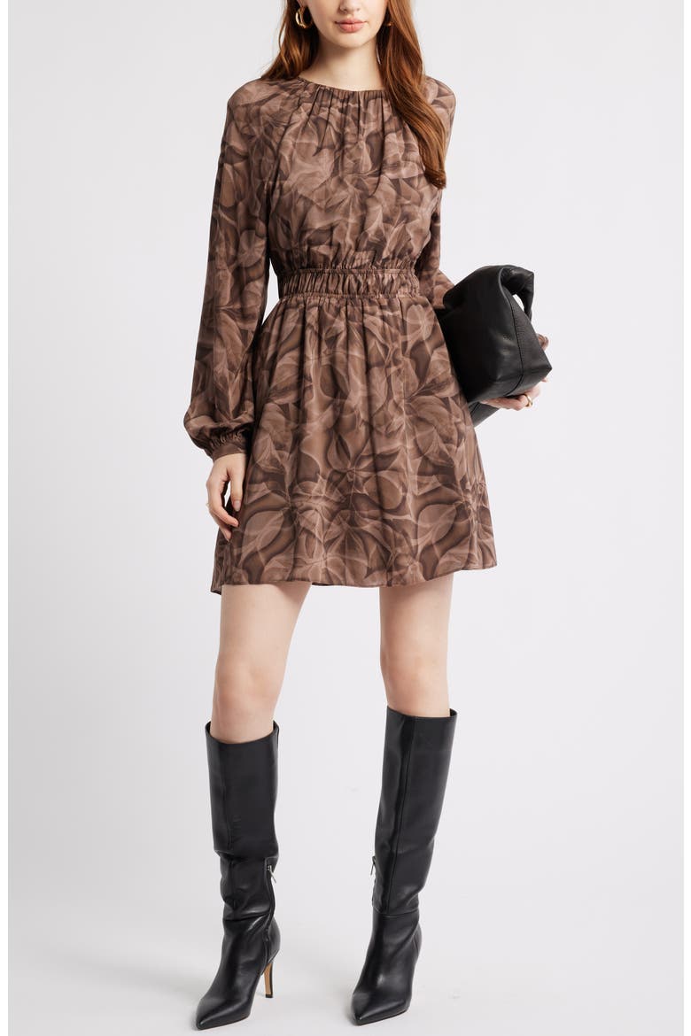 Shirred Waist Long Sleeve Minidress, Alternate, color, BROWN- TAN GLOWING LEAVES