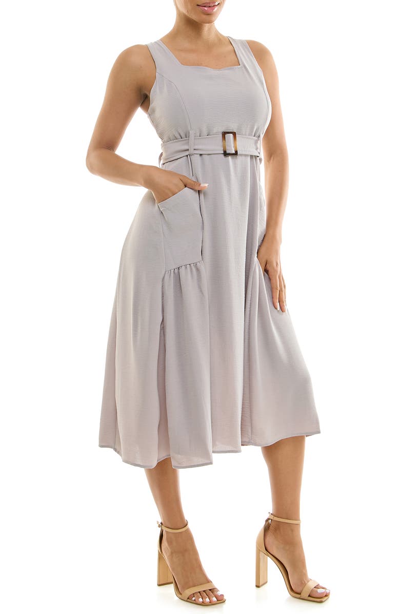 Nina Leonard Square Neck Sleeveless Belted Midi Dress, Alternate, color, Light Grey