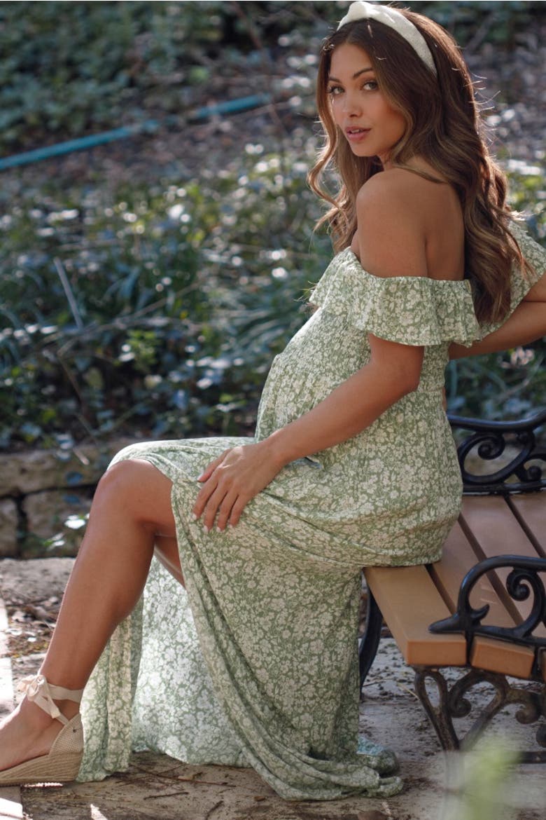 Floral Ruffle Off Shoulder Maxi Dress, Alternate, color, Light Olive